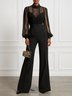 Women Black Lace Mock Neck Long Balloon Sleeve Dressy Jumpsuit