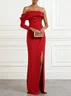 Red Ruched Slit Knit Off The Shoulder Long Sleeve Sheath Maxi Dress