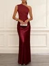 Wine Red Split Joint Satin One Shoulder Sleeveless Sheath Maxi Dress