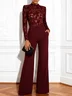 Women Wine Red Lace Flocked Mock Neck Long Sleeve Dressy Jumpsuit
