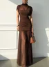 Brown Ruched Mesh Knit Mock Neck Sleeveless A-Line Maxi Dress