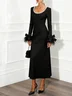 Black Pearl Feather-trimmed Bow Classic U-Neck Long Sleeve A-Line Maxi Dress