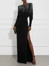 Black Hot Drilling Side-Slit Knit One Shoulder Long Sleeve Dolman Sleeve A-Line Maxi Dress