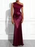 Burgundy Split Joint Ruched Satin One Shoulder Sleeveless Mermaid Maxi Dress