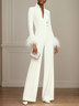 Women White Feather-trimmed Buckle Mock Neck Long Sleeve Dressy Jumpsuit