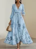 Light Blue Pleated Floral Chiffon V Neck Long Sleeve Balloon Sleeve A-Line Maxi Dress