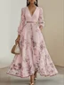 Pink Pleated Floral Chiffon V Neck Long Sleeve Balloon Sleeve A-Line Maxi Dress