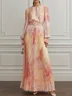 Pink Pleated Floral Satin Crew Neck Long Sleeve Puff Sleeve A-Line Maxi Dress