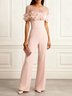 Women Pink 3D Floral Split Joint Crew Neck Short Sleeve Dressy Jumpsuit