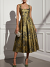 Yellow Jacquard Floral Satin Square Neck Sleeveless A-Line Midi Dress