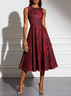 Wine Red Jacquard Satin Boat Neck Sleeveless A-Line Midi Dress