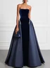 Navy Blue Faux Pearl Split Joint Velvet Satin Strapless Sleeveless A-Line Gown Dress
