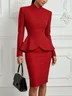 Women Red Buckle Stand Collar Long Sleeve Dressy Coat With Skirt Two-Piece Set