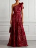Burgundy Bow Lace One Shoulder Sleeveless A-Line Maxi Dress