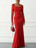 Red Lace Knit Square Neck Long Sleeve Bodycon Maxi Dress