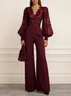 Women Burgundy Lace V Neck Long Sleeve Balloon Sleeve Dressy Jumpsuit