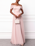 Pink Split Joint Chiffon Satin Off The Shoulder Sleeveless A-Line Maxi Dress