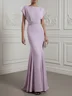 lavender Ruched Classic Boat Neck Short Sleeve Raglan Sleeves Mermaid Gown Dress