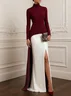 Women Burgundy Hot Drilling Mock Neck Long Sleeve Dressy Top With Skirt Two-Piece Set