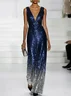 Navy Blue Ombre Sequin Deep V Neck Sleeveless Sheath Maxi Dress
