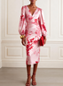 Pink Floral Satin V Neck Long Sleeve Balloon Sleeve Sheath Midi Dress