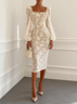Off White Lace Lace Square Neck Long Sleeve Puff Sleeve Sheath Midi Dress